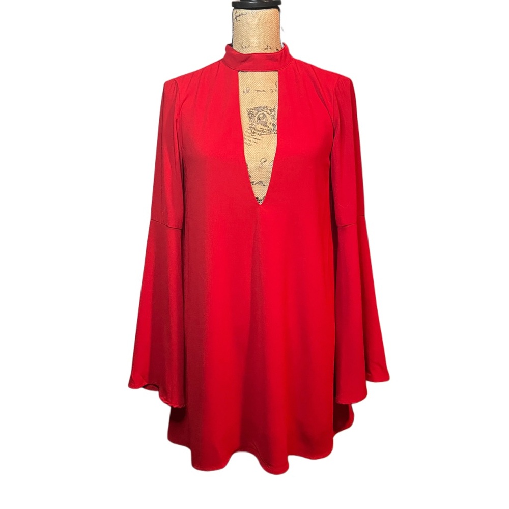 Red Bell Sleeve Choker Mini Dress with Deep V Neckline